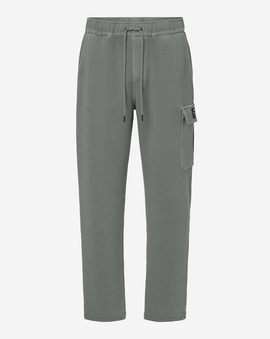 Un pantalón de Ecoalf gris sostenible de cintura elástica con cordón, con un bolsillo lateral grande con solapa.