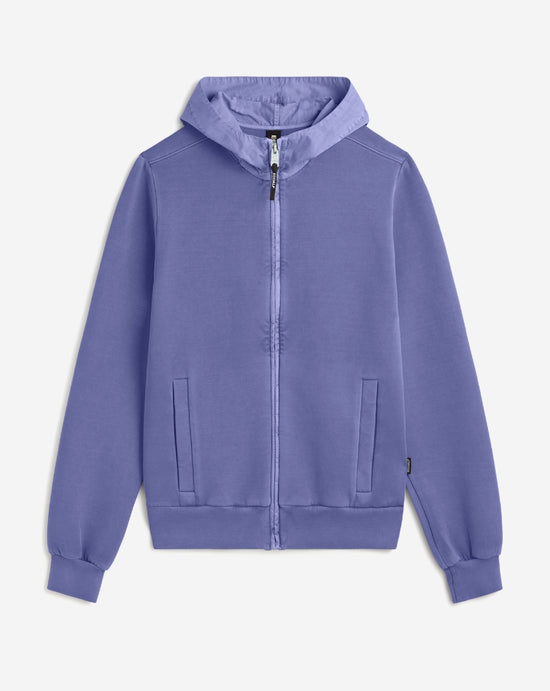 Una sudadera de Ecoalf con capucha morado claro sostenible, con cremallera frontal, bolsillos laterales y puños elásticos.