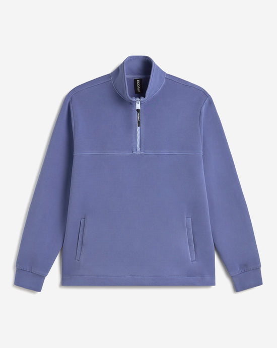 Una sudadera de Ecoalf azul lavanda sostenible de cremallera y cuello alto, con dos bolsillos delanteros y corte sencillo.