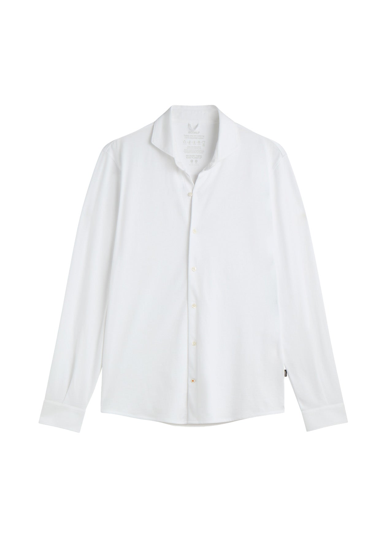 Una camisa de Ecoalf blanca sostenible de manga larga y cuello clásico, con botones al frente y puños sencillos.