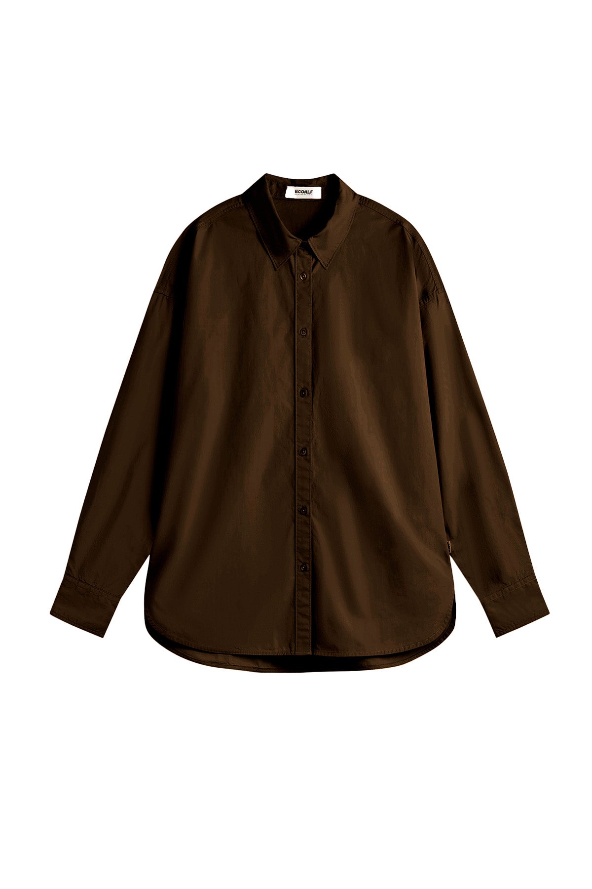 Una camisa de Ecoalf marrón sostenible de manga larga y cuello clásico, con botones al frente, sobre fondo blanco.
