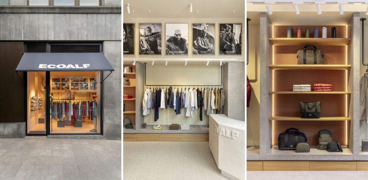 Fachada de una tienda Ecoalf con toldo negro y ropa visible por el escaparate; dentro, ropa de hombre colgada bajo retratos en blanco y negro y un mostrador con el logo.