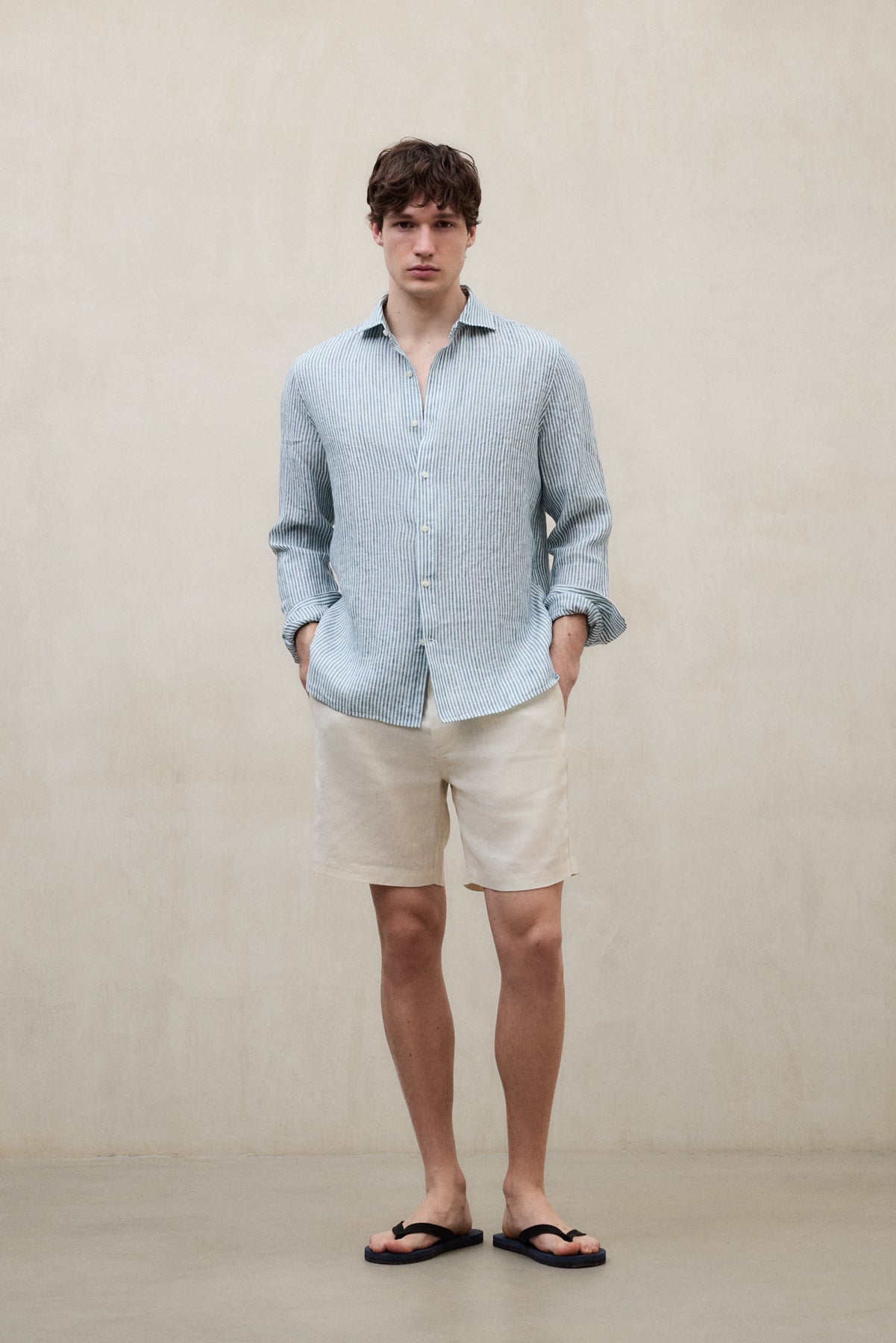 CAMICIA IN LINO ALFREDO A RIGHE VERDE