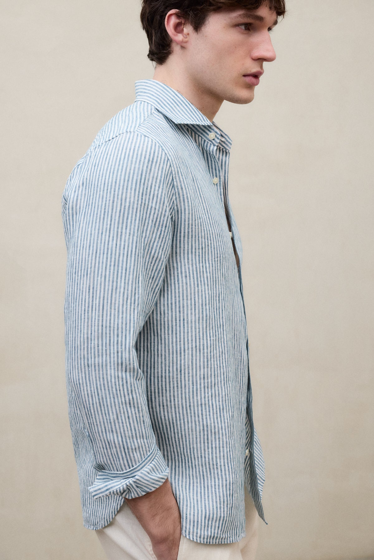 CAMICIA IN LINO ALFREDO A RIGHE VERDE