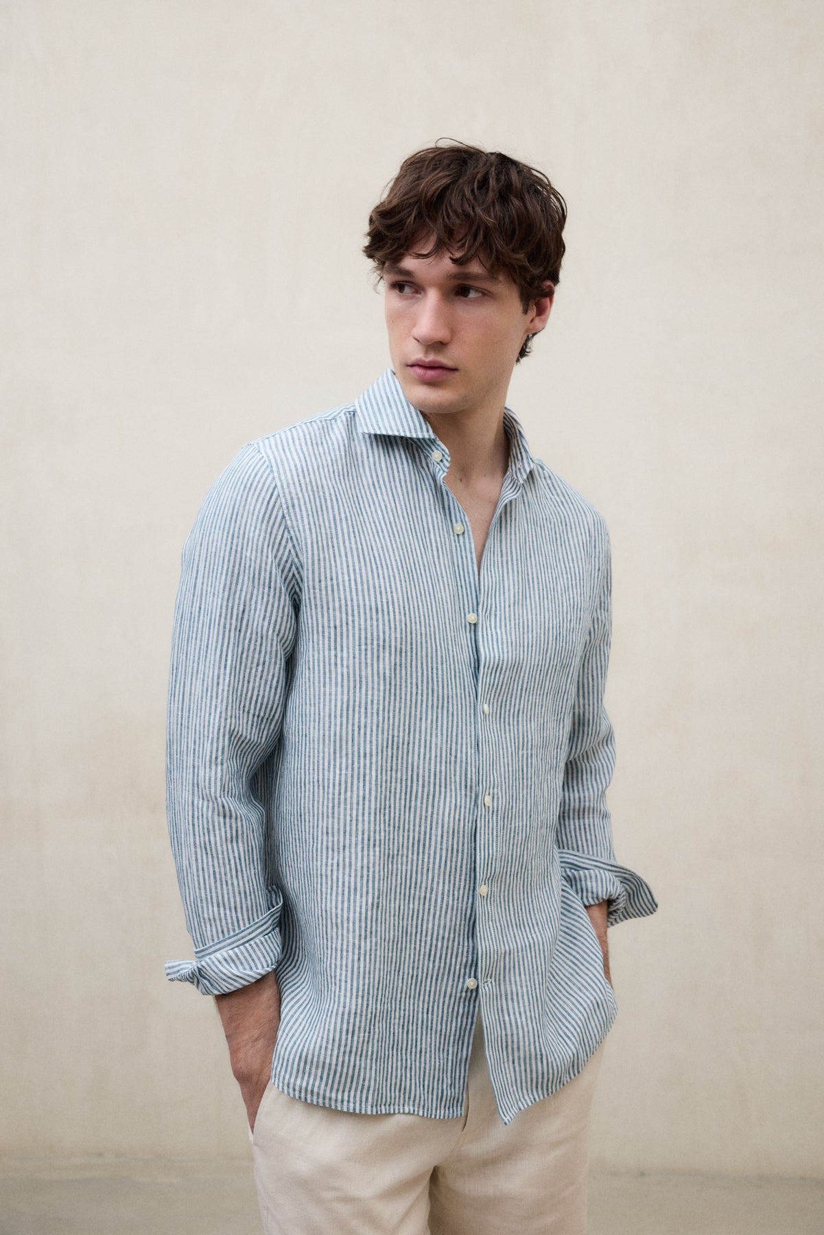 CAMICIA IN LINO ALFREDO A RIGHE VERDE