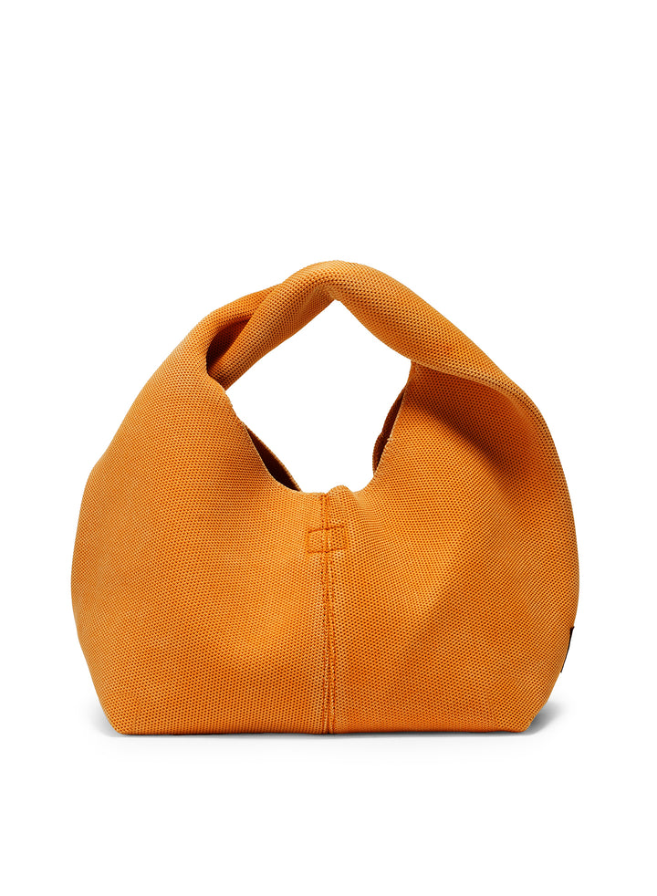 Un bolso de Ecoalf de tela naranja de forma redondeada con una sola asa, sobre fondo blanco.