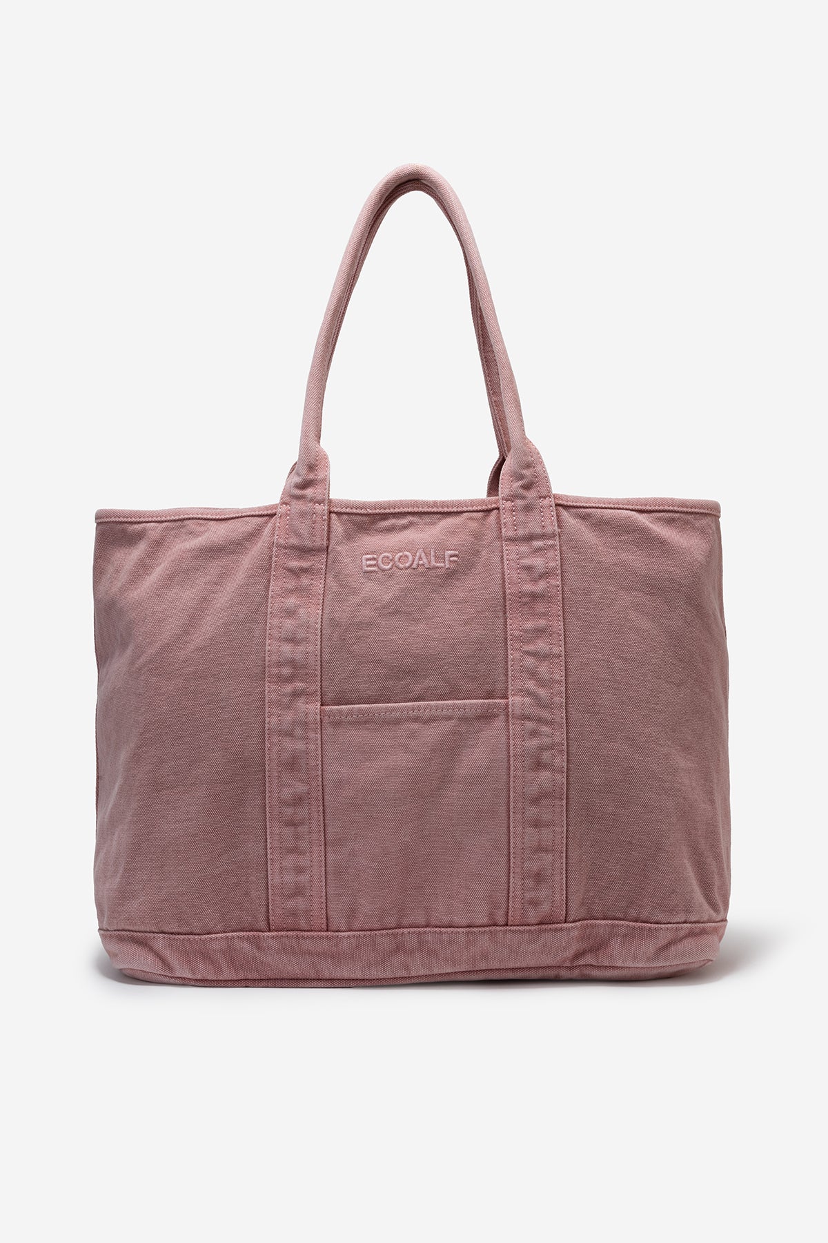 Un bolso grande de tela rosa claro sostenible con asas dobles y un bolsillo exterior con la marca "ECOALF" bordada.