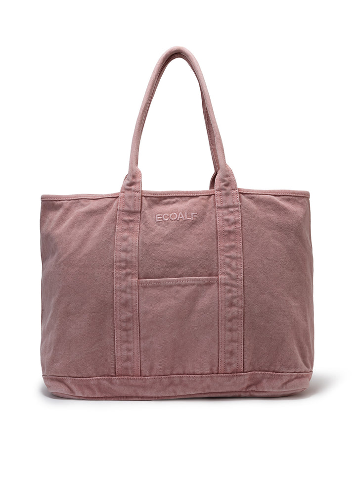 Un bolso grande de tela rosa claro sostenible con asas dobles y un bolsillo exterior con la marca "ECOALF" bordada.