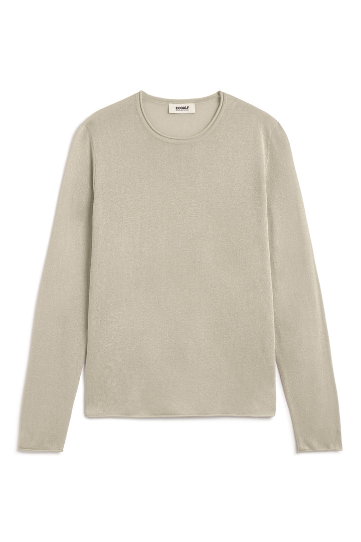 Una camiseta de Ecoalf beige claro sostenible de manga larga, cuello redondo y diseño sencillo.