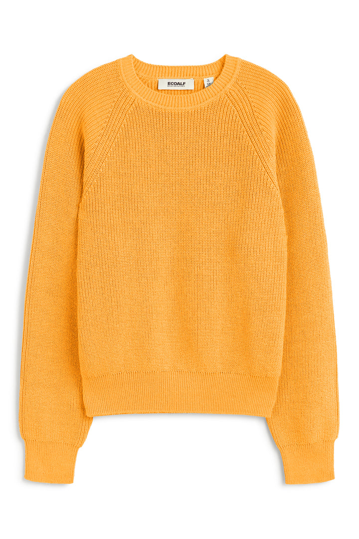 Un jersey de punto de Ecoalf mostaza sostenible de cuello redondo y puños acanalados, de estilo casual.