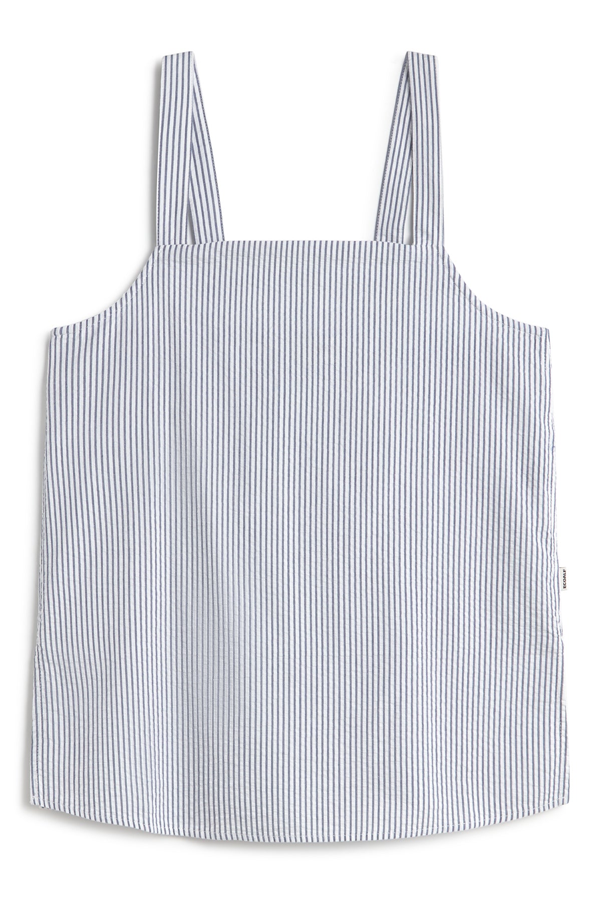 Una blusa de tirantes de Ecoalf sostenible a rayas verticales en blanco y negro, amplia y de tejido ligero.