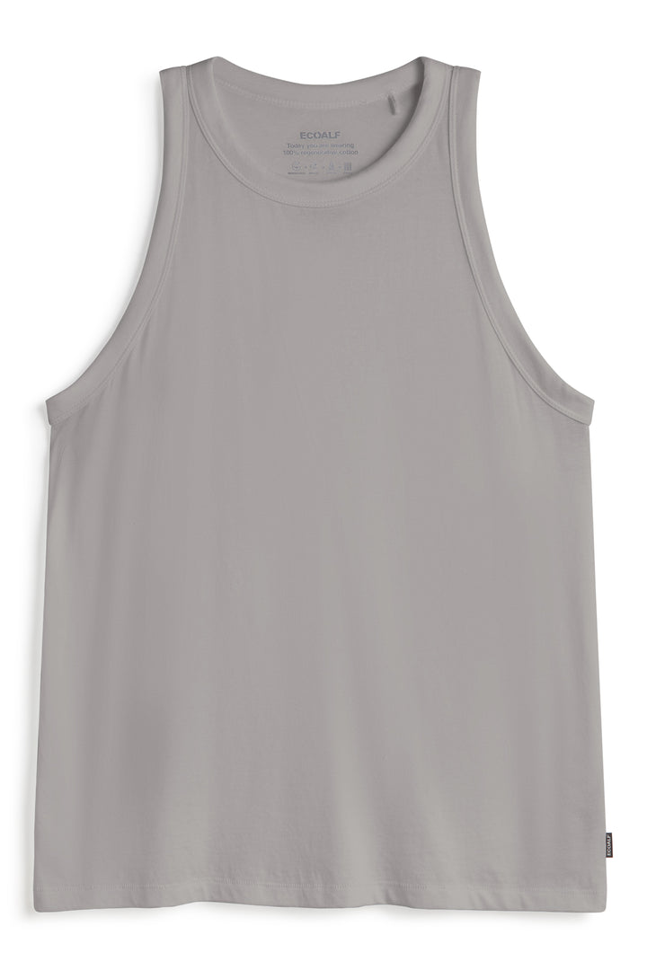 Una camiseta de tirantes de Ecoalf gris claro sostenible, de algodón y corte recto, extendida sobre fondo blanco.