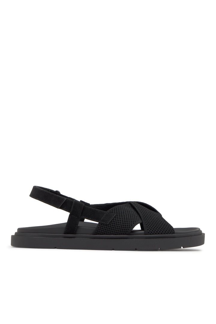 Una sandalia de Ecoalf negra de estilo casual con tiras cruzadas y suela plana.